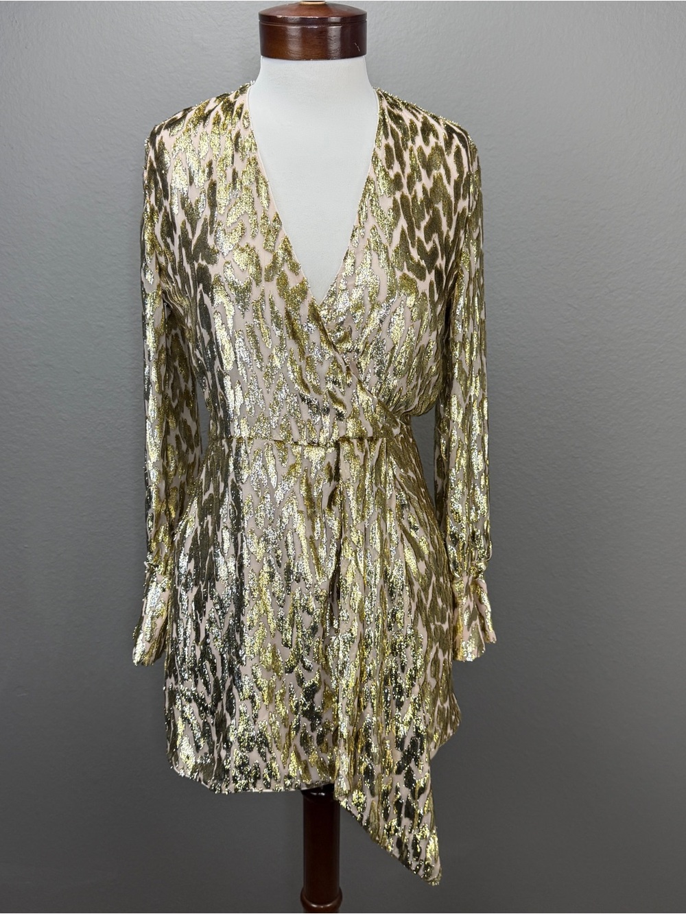 NWT SIMKHAI Camryn Long Sleeve  Metallic Gold Silk Wrap Mini Dress Sz 2 Party